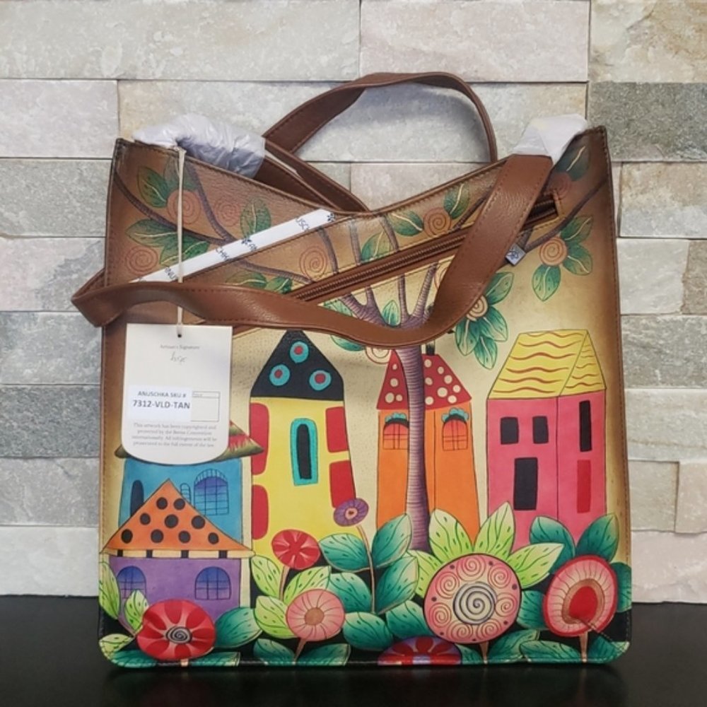 Anuschka Hand Painted Leather V Top Multicompartment Crossbody